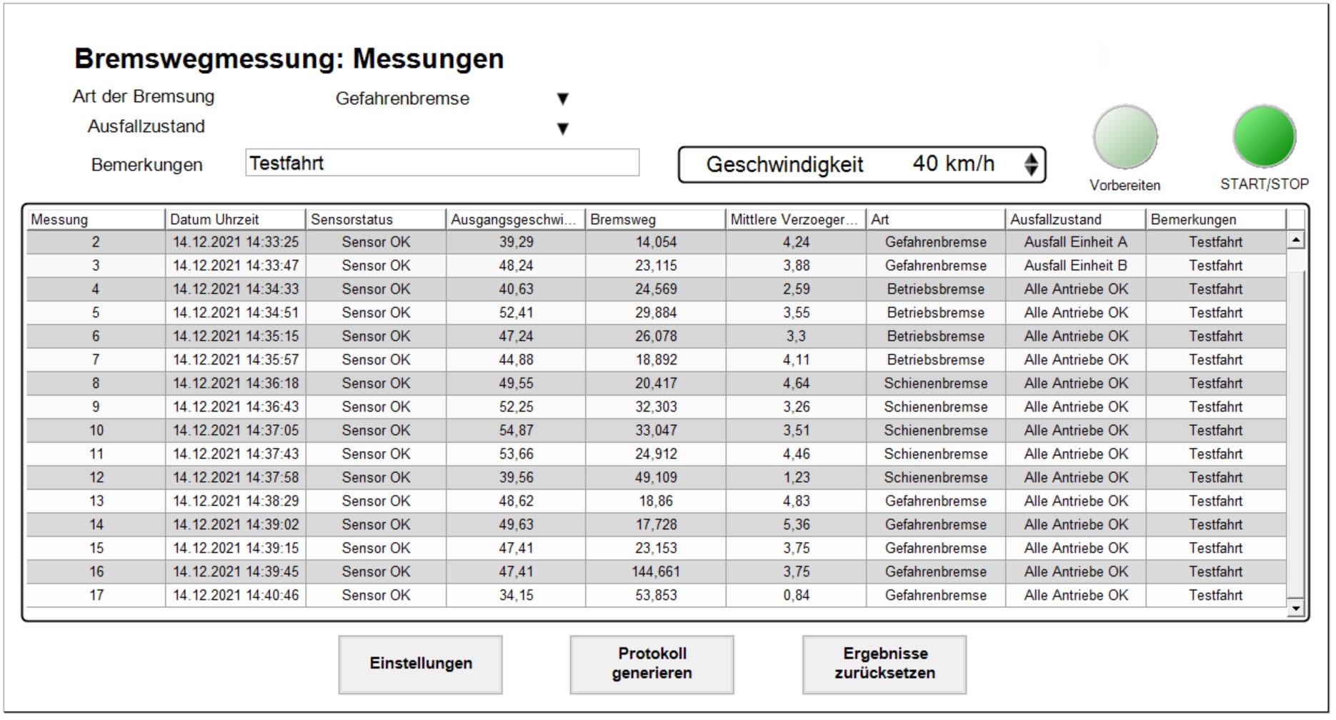 Report page for a braking distance measurement